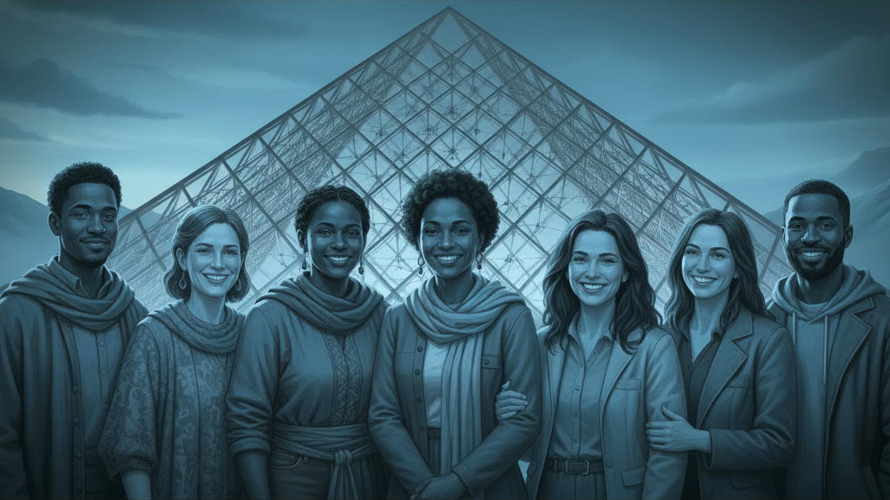 Group of colleagues greeting each other in a stylized blue duotone treatment